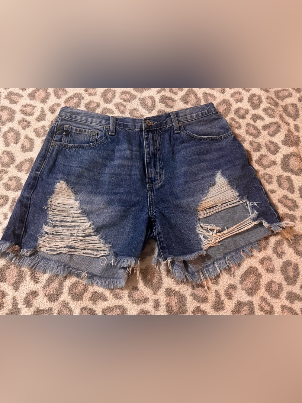 KanCan Distressed Dark Blue Denim Shorts with Frayed Hem